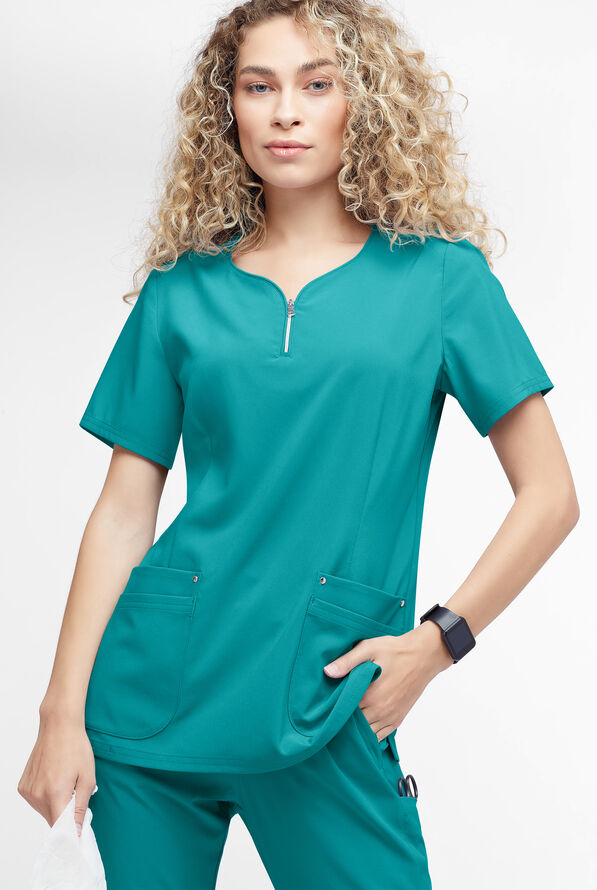 Easy STRETCH Arianna Women's 4-Pocket Curved Neck Scrub Top - Teal - 2