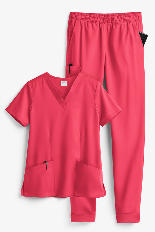 Tafford Active STRETCH Women's 5-Pocket Jogger Scrub Set - Bright Watermelon - 1