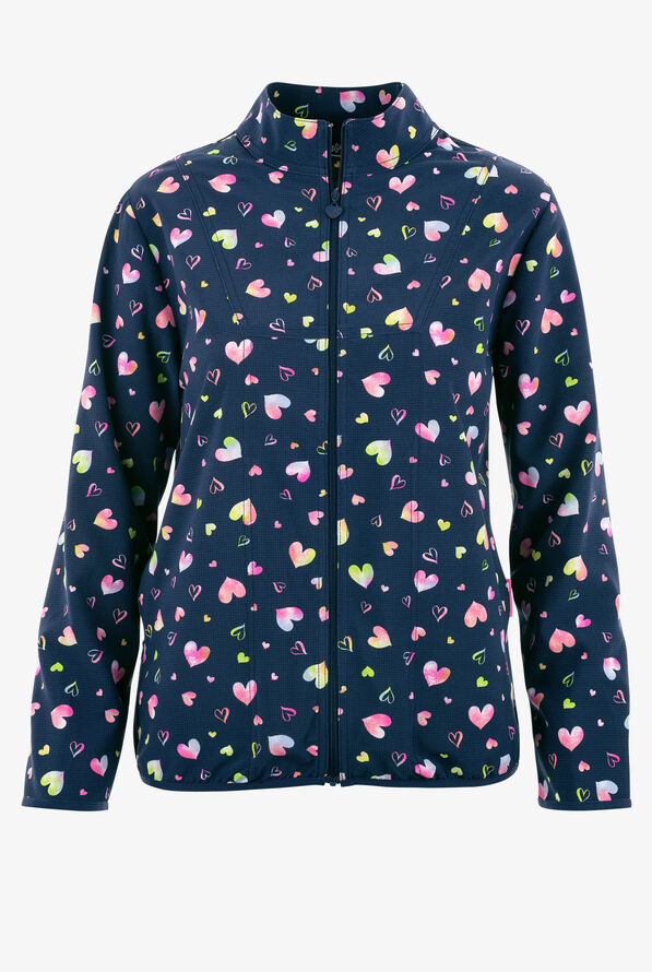 heartsoul Loving Art Hearts Women's 2-Pocket STRETCH Stand Up Collar Print Scrub Jacket - null - 1