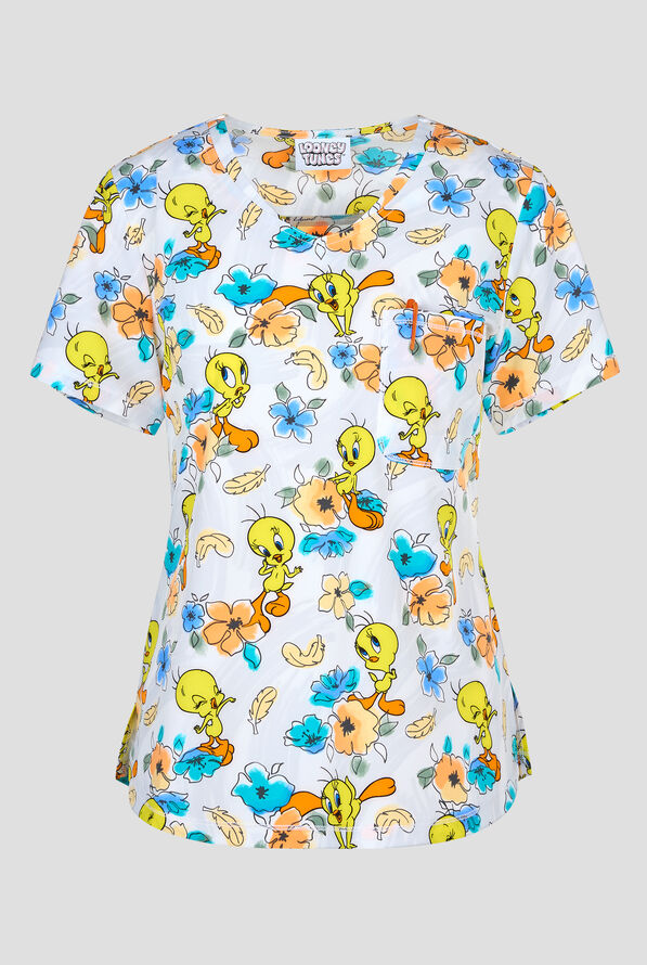 Tooniforms Looney Tunes Tweety Bird Dimension Women's 2-Pocket STRETCH V-Neck Print Scrub Top - null - 1