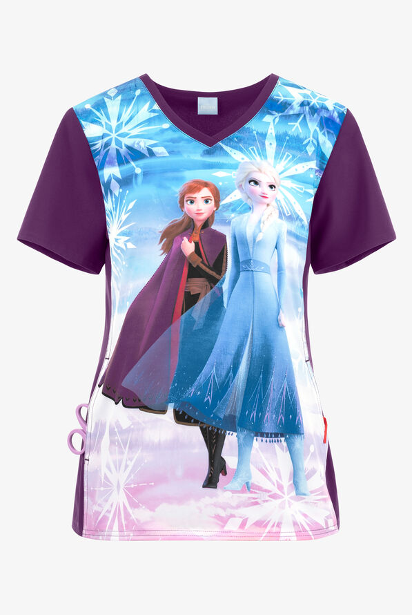 Tooniforms Sisters Disney Frozen Women's 1-Pocket V-Neck STRETCH Print Scrub Top - null - 1