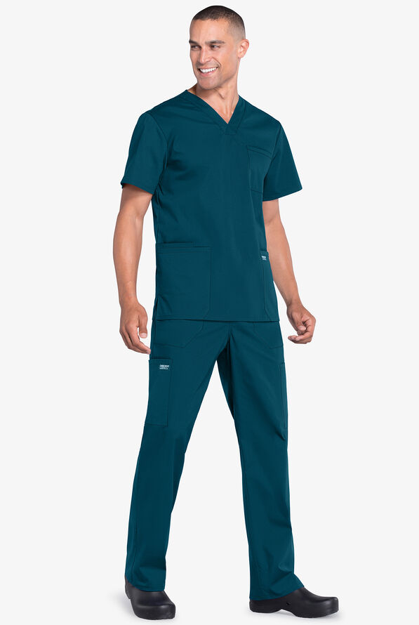 Cherokee Workwear Professionals Men's 4-Pocket STRETCH V-Neck Scrub Top - Caribbean Blue - 2