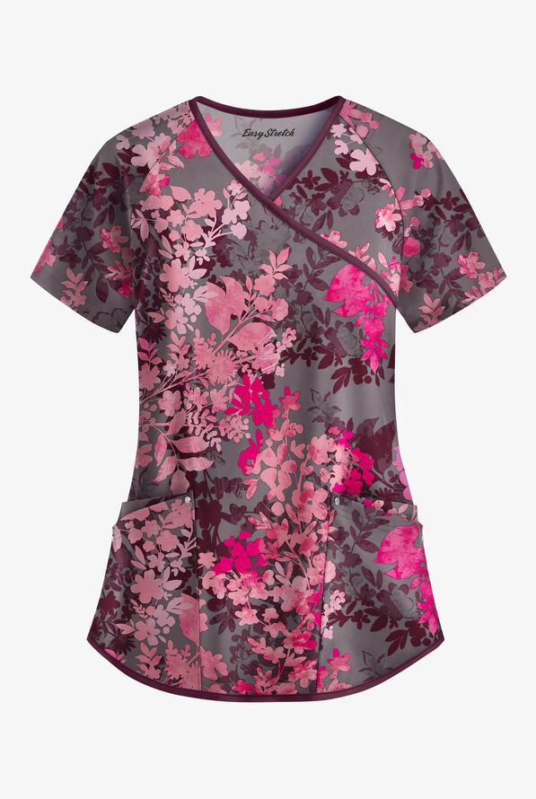 Easy STRETCH Medici Floral Grey Stone Women's 4-Pocket Raglan Print Scrub Top - null - 1