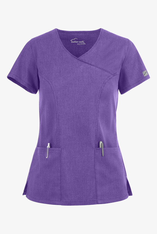 Butter-Soft STRETCH Women's 3-Pocket V-Neck Mock Wrap Scrub Top - Sparkling Grape Heather - 1