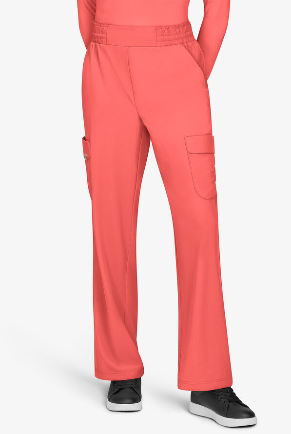 Planet koi Ayla Women's 6-Pocket STRETCH Flat Waist Rouched Cargo Convertible Wide Leg Scrub Pants - Sunset Coral - 1