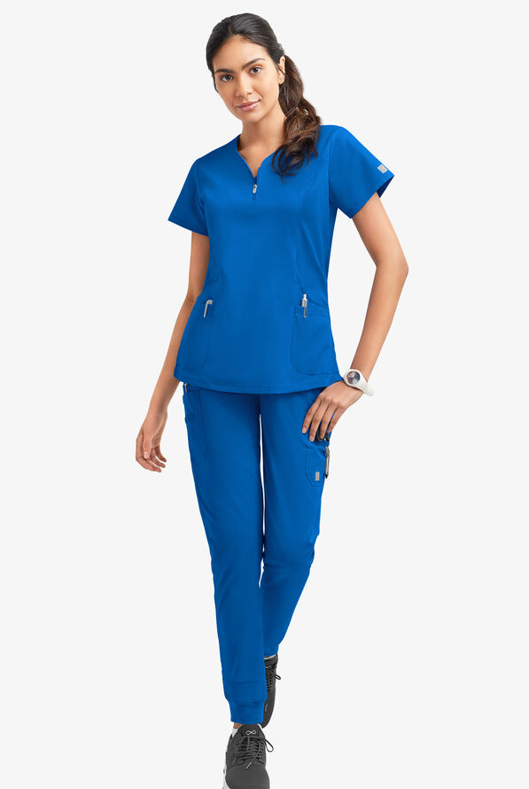 Butter-Soft STRETCH Women's 4-Pocket Curved Neck Zipper Scrub Top - Royal - 2