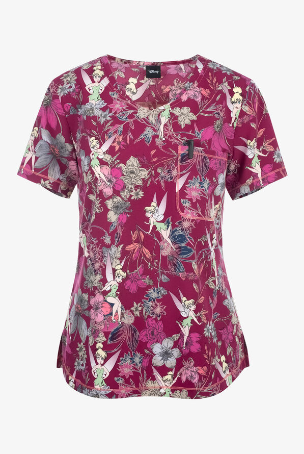 Tooniforms Disney's Tinkerbell Magical Moonlight Women's 2-Pocket STRETCH V-Neck Print Scrub Top - null - 1
