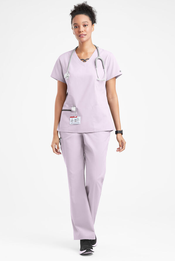Butter-Soft Originals Women's 3-Pocket Crisscross Contrast V-Neck Scrub Top - Orchid Petal/Greystone - 4