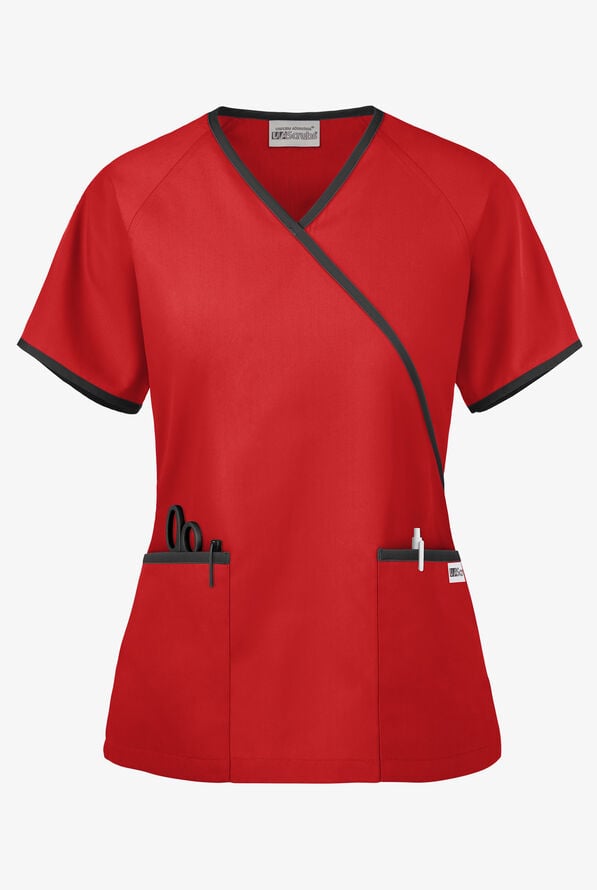 Blusa médica UA Best Buy estilo cruzado con ribete en contraste y 2 bolsillos para mujer - Red/Black - 1