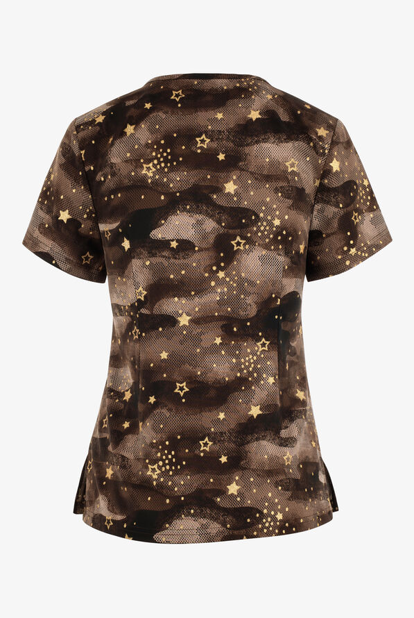 koi Basics Camo Starlette Taupe Gold Glitter Women's 2-Pocket STRETCH V-Neck Print Scrub Top - null - 2