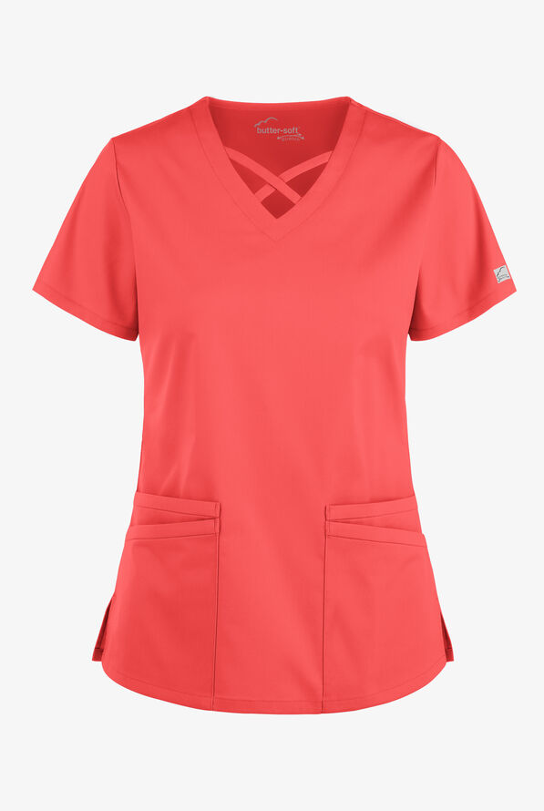 Butter-Soft STRETCH Women's 4-Pocket Crisscross Scrub Top - Radiant Red - 1