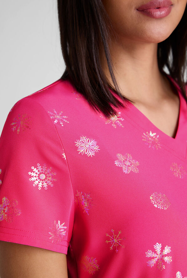 Butter-Soft STRETCH Shimmer Flurries Fuchsia Foil Women's 2-Pocket V-Neck Print Scrub Top - null - 4