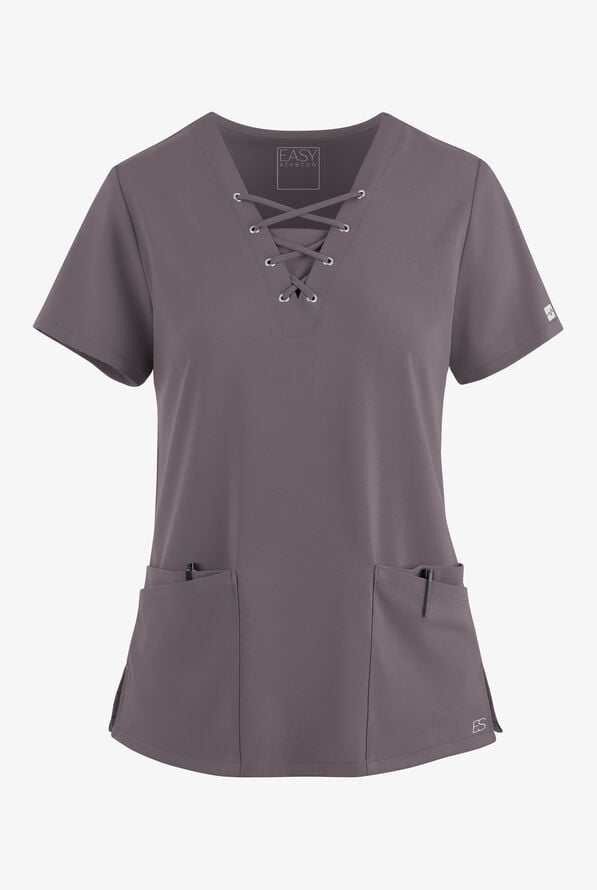 Easy STRETCH Gisele Women's 4-Pocket Lace Up V-Neck Scrub Top - Grey Stone - 1