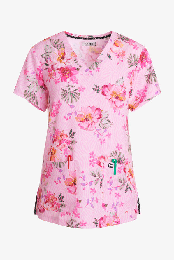 koi Next Gen Early Energy Floral Women's 2-Pocket STRETCH V-Neck Print Scrub Top - null - 1