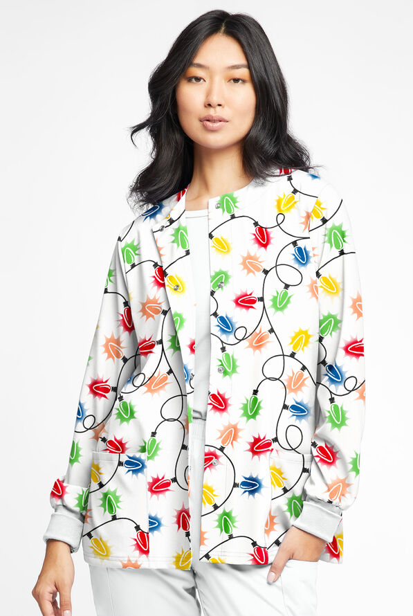 Butter-Soft Fairy Lights Women's 2-Pocket Warm-Up Print Scrub Jacket - null - 2