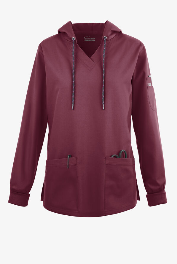 Strictly Scrubs Women's 5-Pocket Long Sleeve Pullover Hoodie - Wine - 1