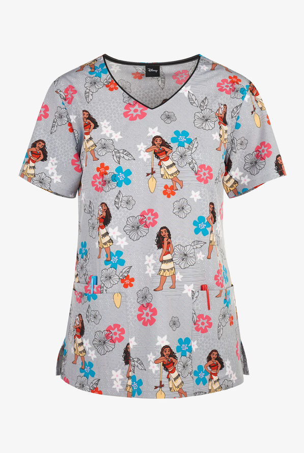Tooniforms Disney's Moana Happiness Women's 3-Pocket STRETCH V-Neck Print Scrub Top - null - 1