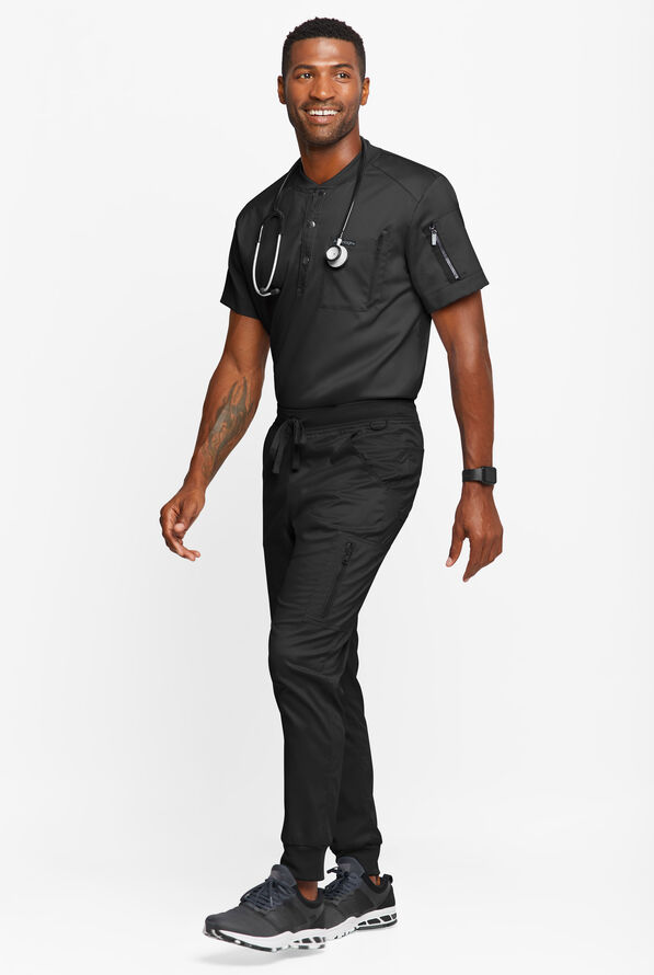 Advantage STRETCH Men's 2-Pocket Short Sleeve Henley Scrub Top - Black - 4