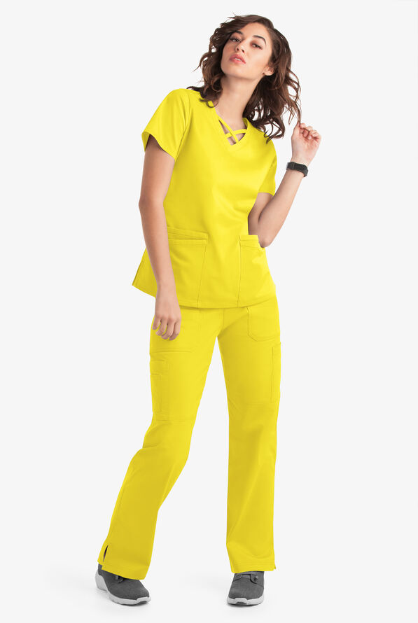 Blusa m&eacute;dica UA Butter-Soft STRETCH con lazos entrecruzados y 4 bolsillos para mujer - Bright Daffodil - 6