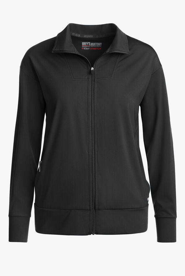 Grey's Anatomy by Barco Knit STRETCH Ease Warm Up Women's 4-Pocket Zip Front Scrub Jacket - Black - 1