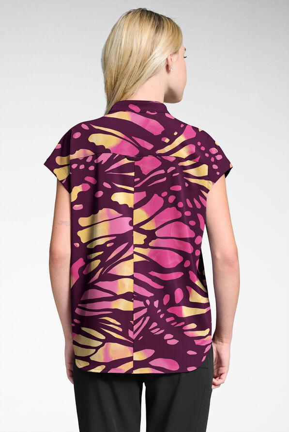 Butter-Soft STRETCH Bold Butterfly Eggplant Women's Dolman Print Scrub Top - null - 2