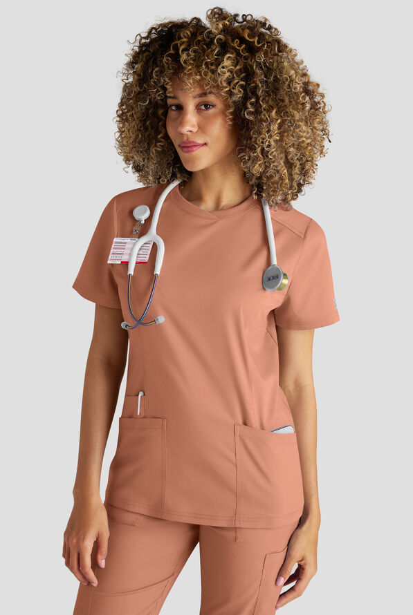 Butter-Soft STRETCH FLXTEK+ Women's 3-Pocket Crew Neck Scrub Top - Terracotta - 1