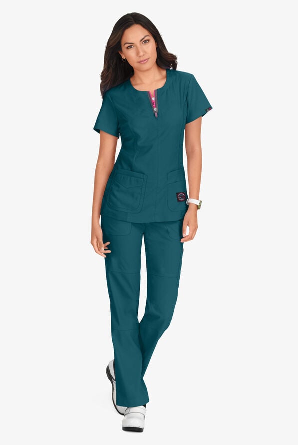 koi Lite™ Serenity Women's 4-Pocket Double Zipper Scrub Top - Caribbean Blue - 5