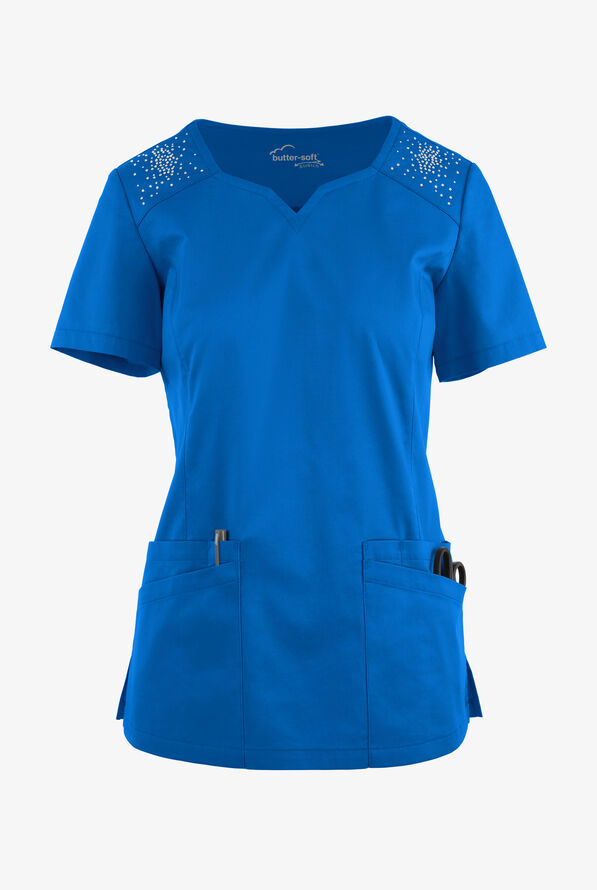 Butter-Soft STRETCH Women's 6-Pocket Crystal Bling Scrub Top - Royal - 1