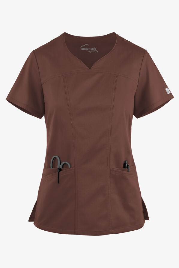 Butter-Soft STRETCH Women's 4-Pocket Sweetheart Neck Scrub Top - French Roast - 1