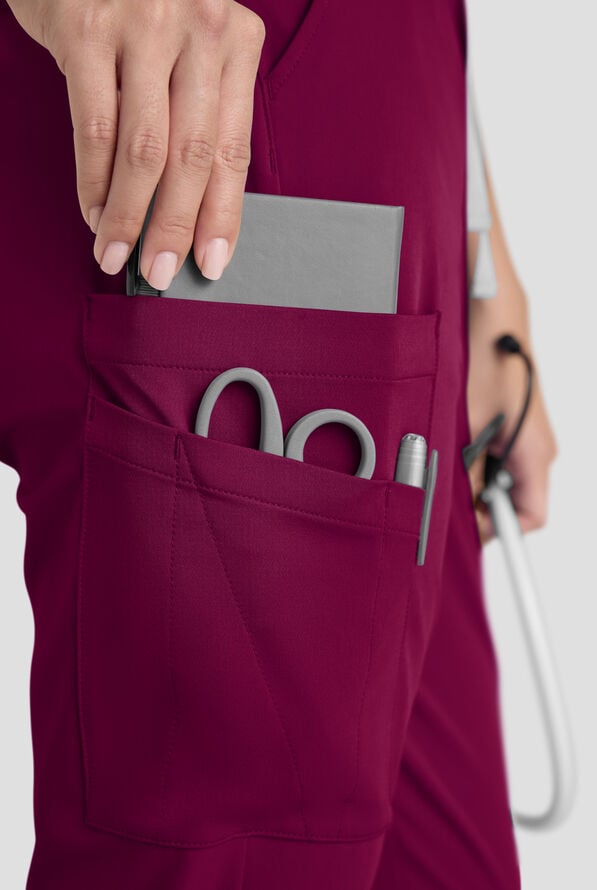 ReSurge Topaz Women's 11-Pocket Drawstring Scrub Pants - Petite - Wine - 3