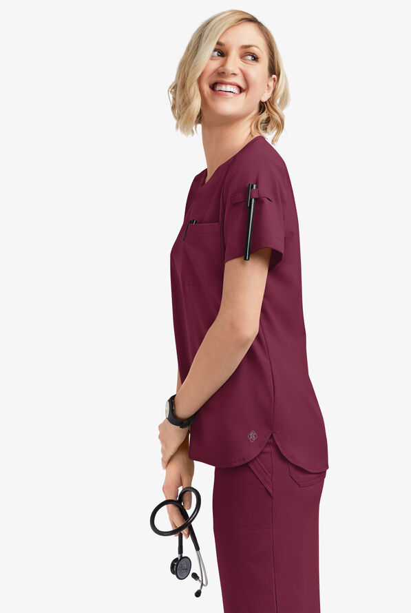 Easy STRETCH Nikki Women's 1-Pocket Scallop Neck Tuck-In Scrub Top - Wine - 2