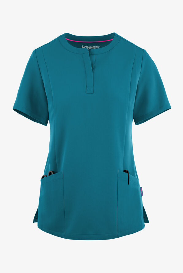 MOVEMENT by Butter-Soft  STRETCH Elara Women's 5-Pocket Henley Scrub Top - Caribbean Blue - 1
