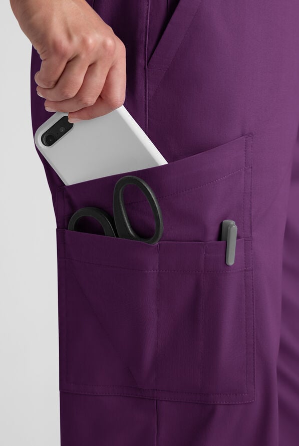 Butter-Soft STRETCH Women's 8-Pocket Cargo Button Front Pant With Fly Scrub Pants - Eggplant - 5