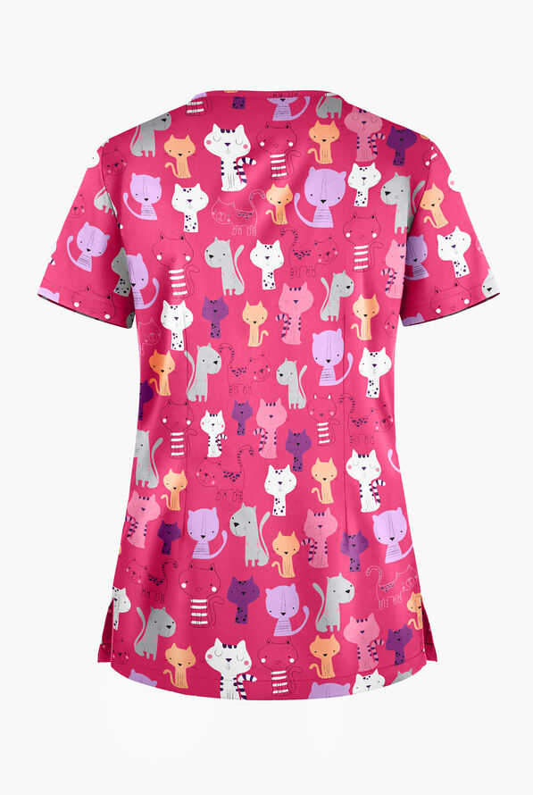Butter-Soft Paris Cats Fuchsia Women's 1-Pocket V-Neck Tuck-In Print Scrub Top - null - 2