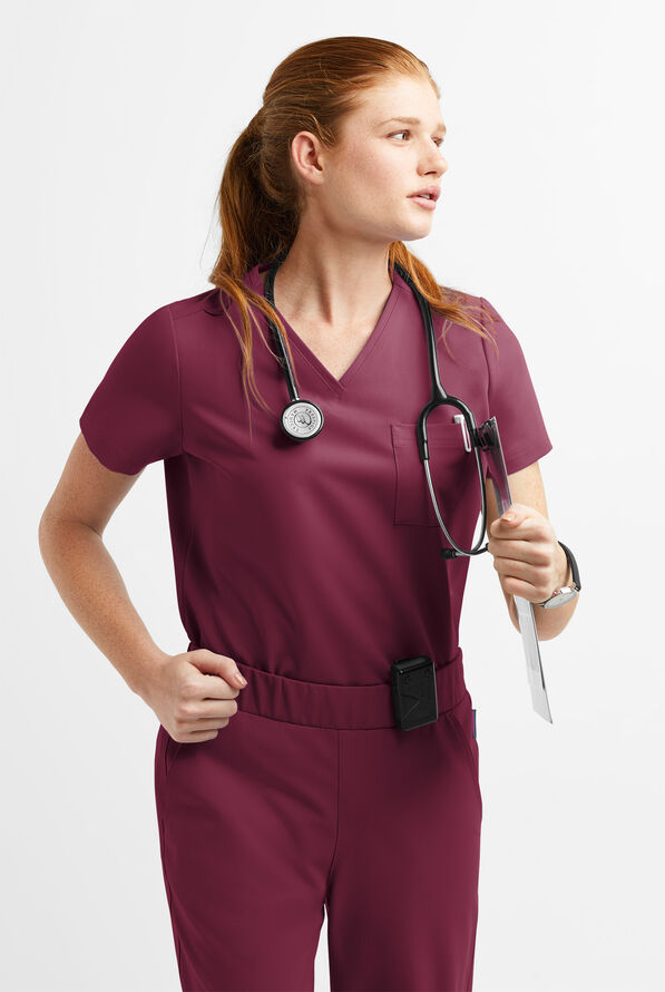 MOVEMENT by Butter-Soft Ceti Women's 1-Pocket V-Neck Tuck-In STRETCH Scrub Top - Wine - 2