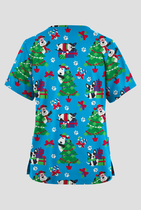 Butter-Soft Originals Wrapped In Joy Turquoise Women's 2-Pocket V-Neck Print Scrub Top - null - 2