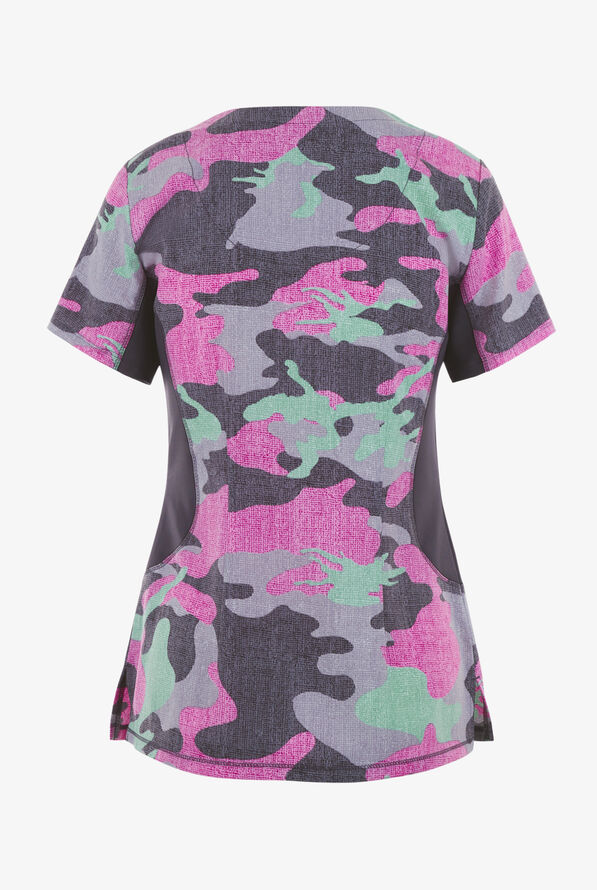 Healing Hands Camouflage Women's 2-Pocket STRETCH Zip Y-Neck Print Scrub Top - null - 2