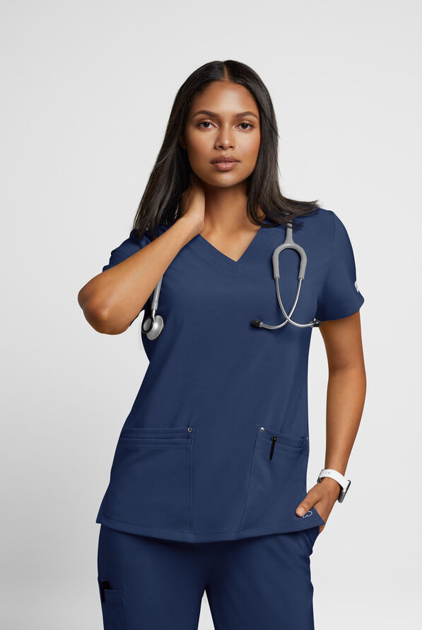Easy STRETCH Lina Mitered Women's 4-Pocket V-Neck Scrub Top - Navy - 2