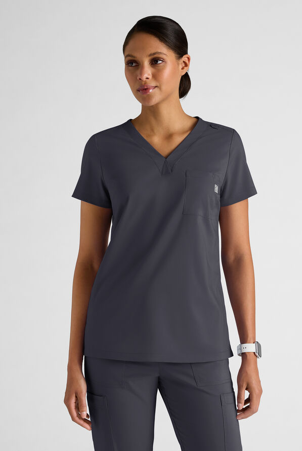 Butter-Soft STRETCH FLXTEK+ Women's 2-Pocket V-Neck Tuck-In Scrub Top - Pewter - 1