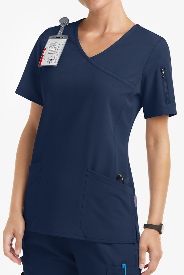 MOVEMENT by Butter-Soft Capella Women's 5-Pocket Faux Wrap STRETCH Scrub Top - Navy - 2
