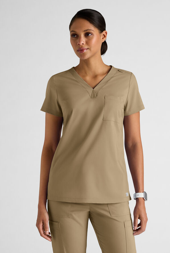 Butter-Soft STRETCH Women's 2-Pocket V-Neck Tuck-In Scrub Top - Golden Sand - 1