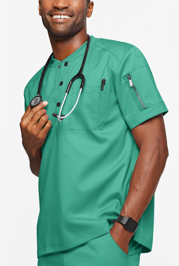 Advantage STRETCH Men's 2-Pocket Short Sleeve Henley Scrub Top - Bermuda Green - 2