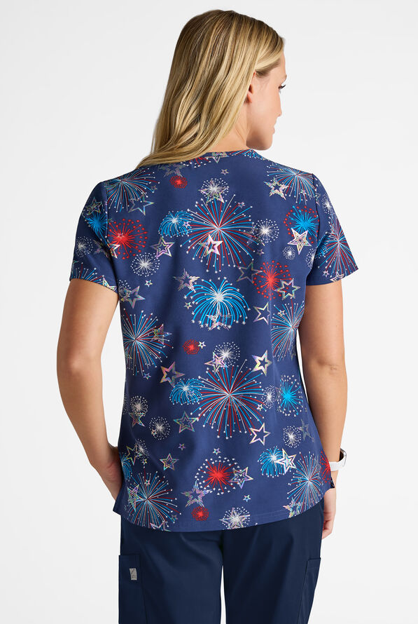 Blusa m&eacute;dica estampada Butter-Soft STRETCH Shining Fourth Navy con cuello en V y 2 bolsillos para mujer - null - 3