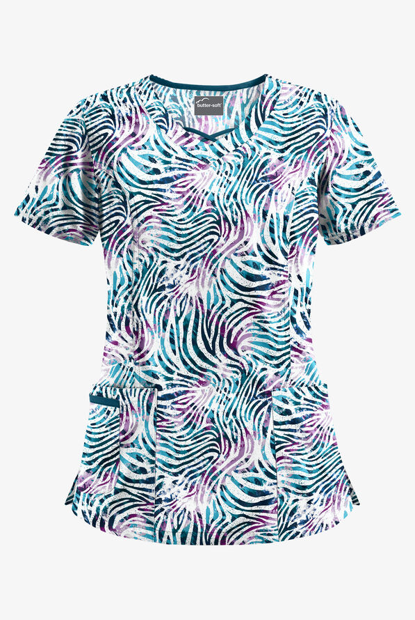 Butter-Soft Abstract Zebra Navy Women's 3-Pocket Criss Cross Print Scrub Top - null - 1