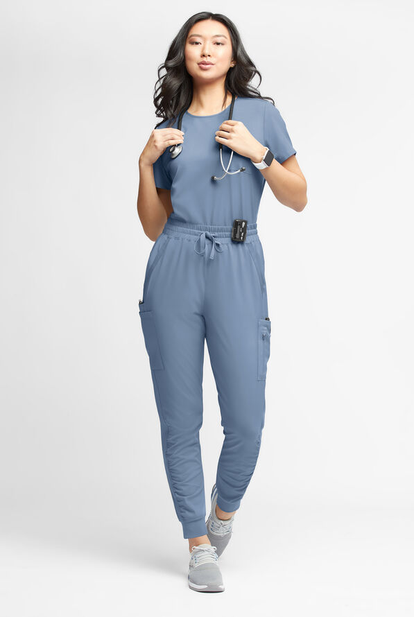 WhisperLite Calla Women's 6-Pocket Ruched Leg Cargo Scrub Pants - Indigo Batik - 2