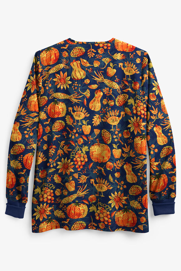 UA Rustic Thanksgiving Navy Women's 2-Pocket Snap Front Closure Print Scrub Jacket - null - 2