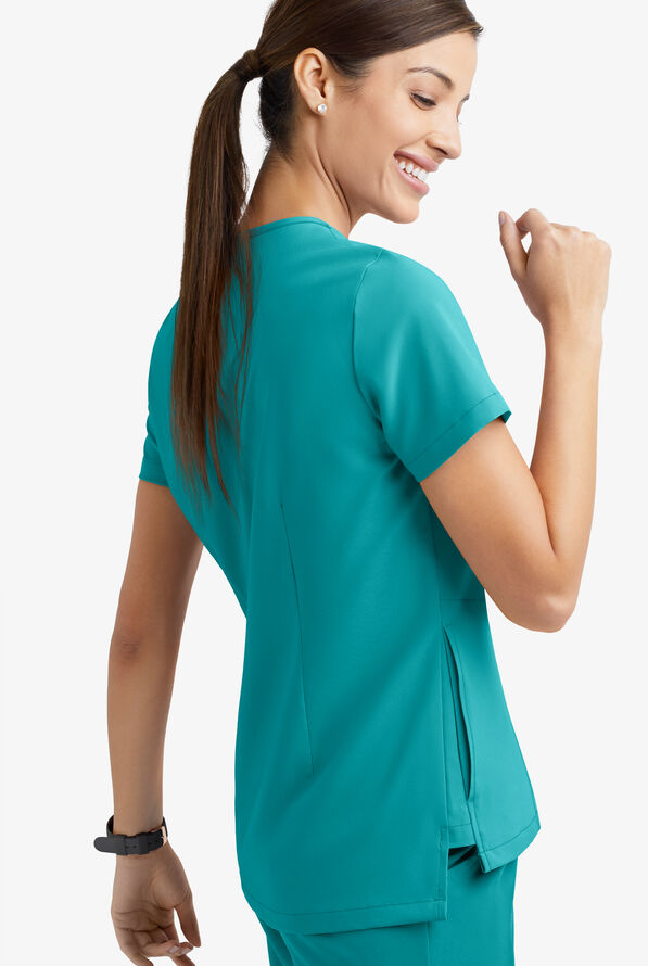 Easy STRETCH Taylor Women's 3-Pocket High Low Hem V-Neck Scrub Top - Teal - 5