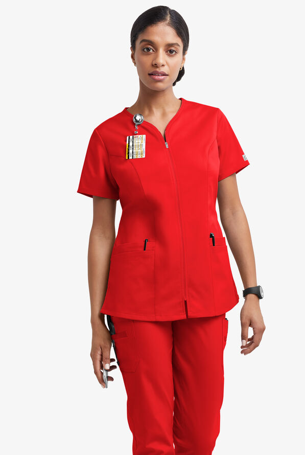 Butter-Soft STRETCH Women's 4-Pocket Smooth Face Zipper Scrub Top - Venetian Red - 2