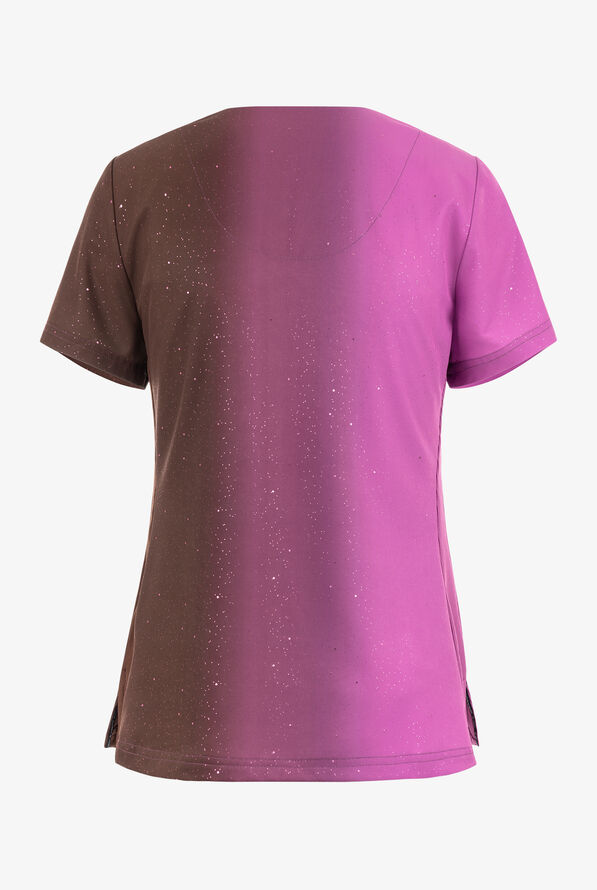 koi Lite Vertical Sparkle Brown Taupe Ombre Women's 2-Pocket STRETCH Split Neck Print Scrub Top - null - 2