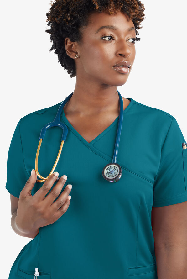 Butter-Soft Women's 5-Pockets Faux Wrap Scrub Top **Slightly IRREGULAR** - Caribbean Blue - 6